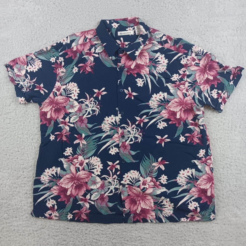 Cubavera Shirt Button Down Mens XXL Navy Blue Floral Tropical Short Sleeve